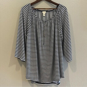 Chico’s Striped Off The‎ Shoulder Half Zip Chain Top Navy /White Size X-Large